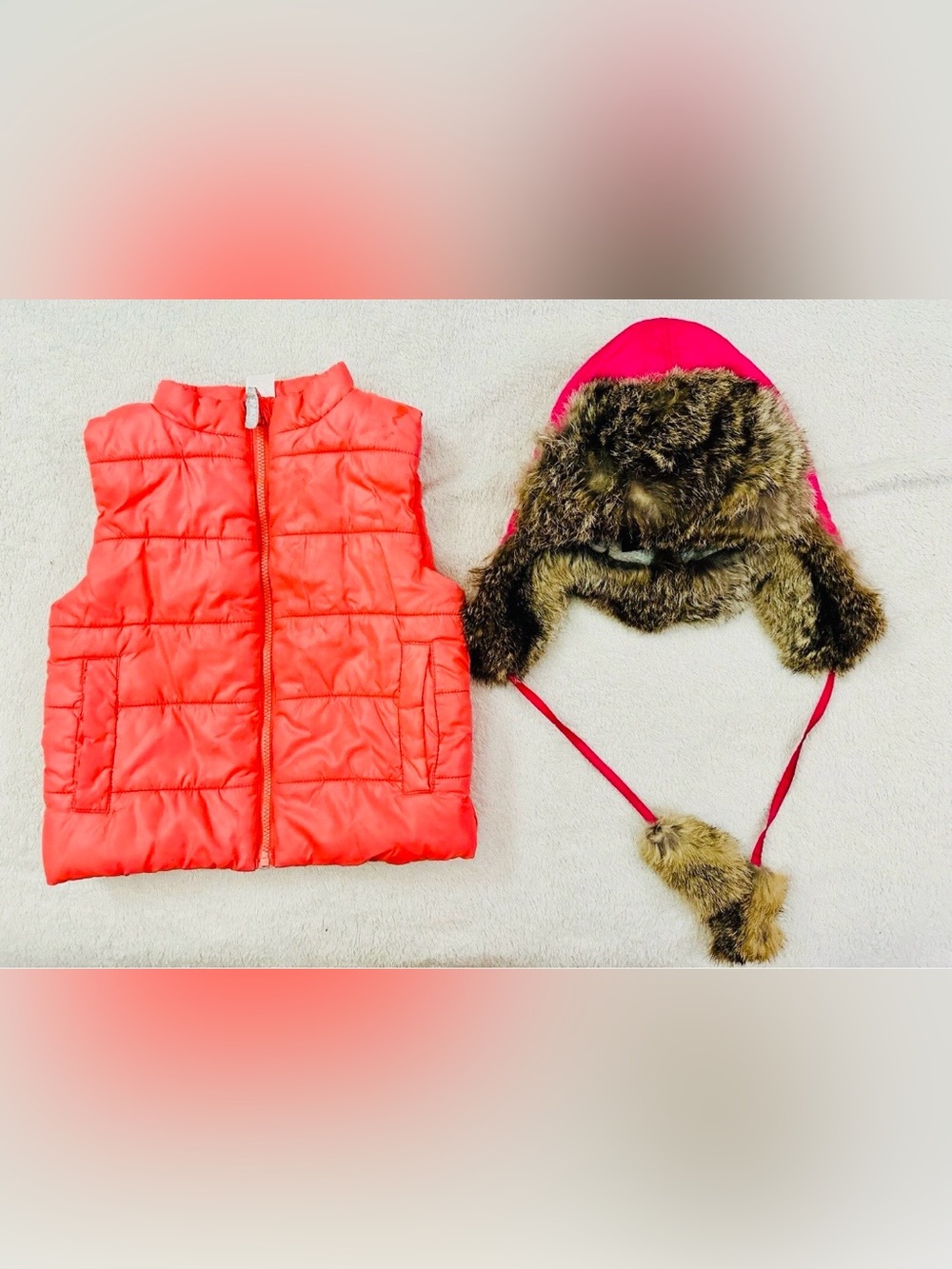 Cute Girls Winter Puffer Vest& Natural Fur Trapper Hat Size 2/3T Years Excellent